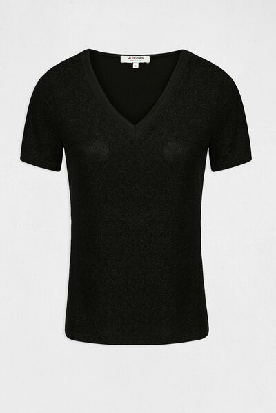 Short-sleeved t-shirt with V-neck black ladies'