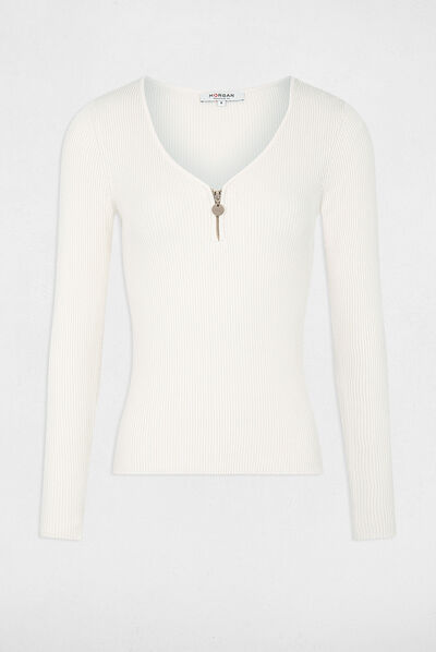 Long-sleeved ribbed jumper zipped detail ivory ladies'