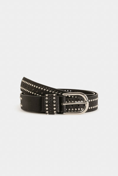 Belt with studs and perforations black ladies'