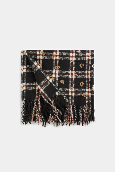 Scarf with fringes and check print black ladies'