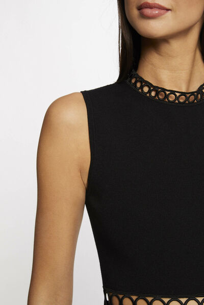 Skater jumper dress openwork strips black ladies'