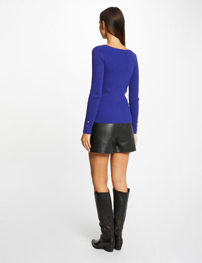 Long-sleeved ribbed jumper with V-neck mid blue ladies'