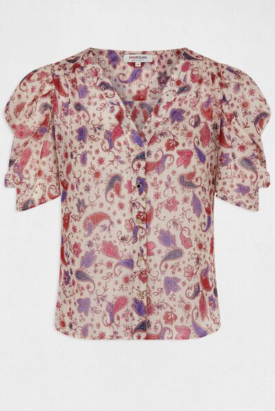 Printed short-sleeved shirt ecru ladies'