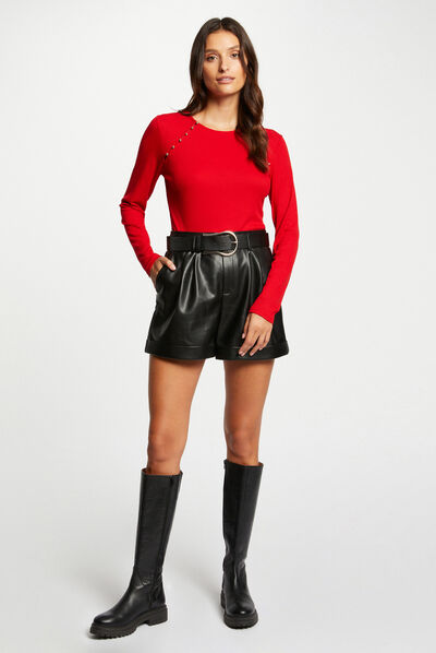 Ribbed long-sleeved t-shirt red ladies'
