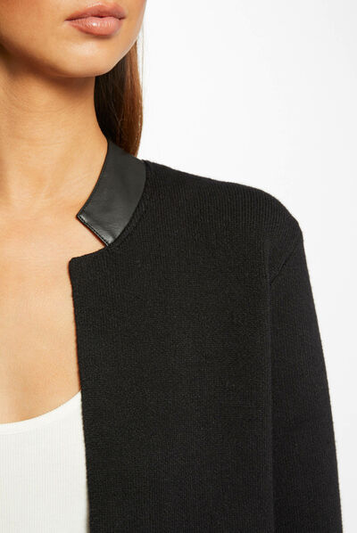 Long straight cardigan faux leather black ladies'