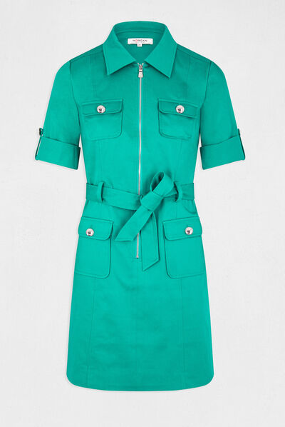 Belted straight dress with short sleeves mid-green ladies'