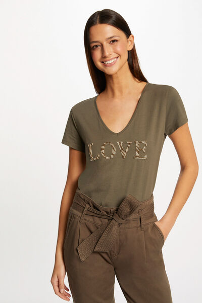 Short-sleeved t-shirt khaki green ladies'