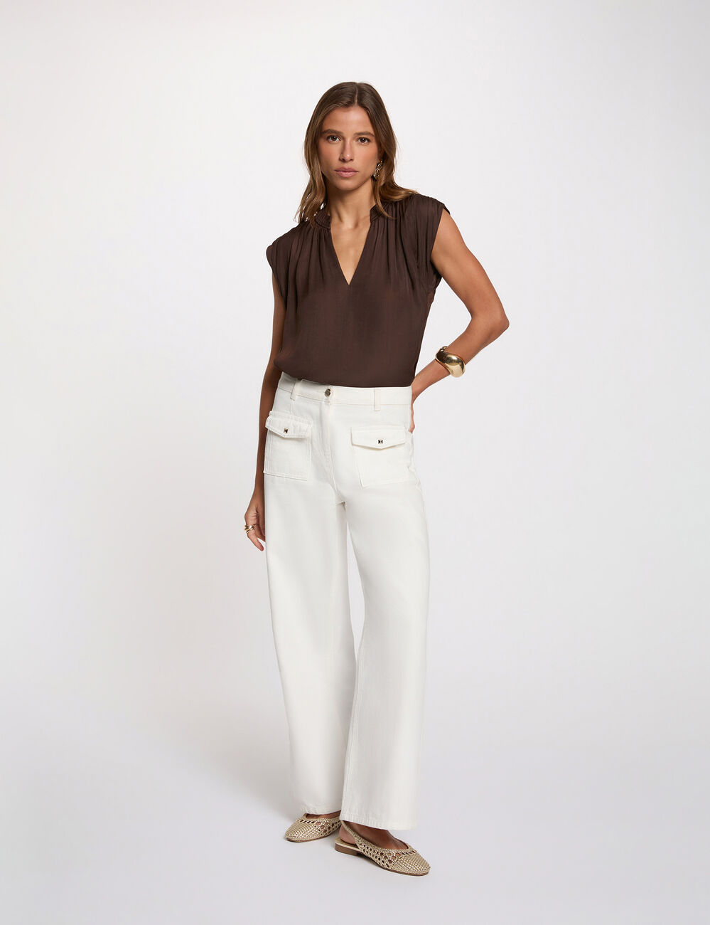 Satin short-sleeved blouse dark brown women