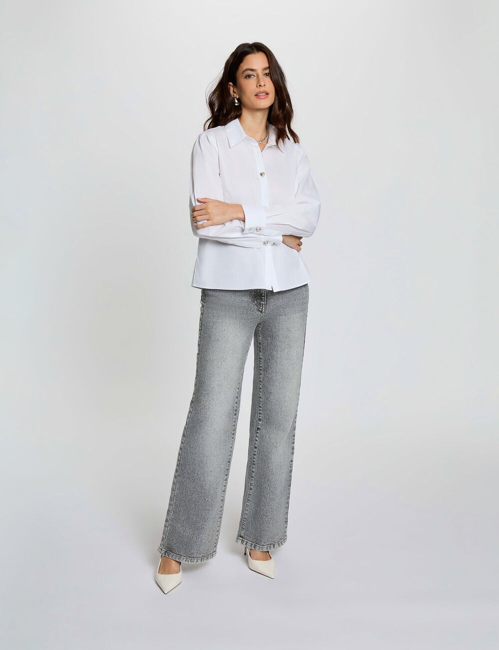 high waisted wide leg jeans denim snow grey women High-waisted wide-leg jeans denim snow grey women