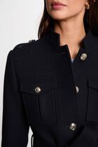 Belted long coat navy blue women