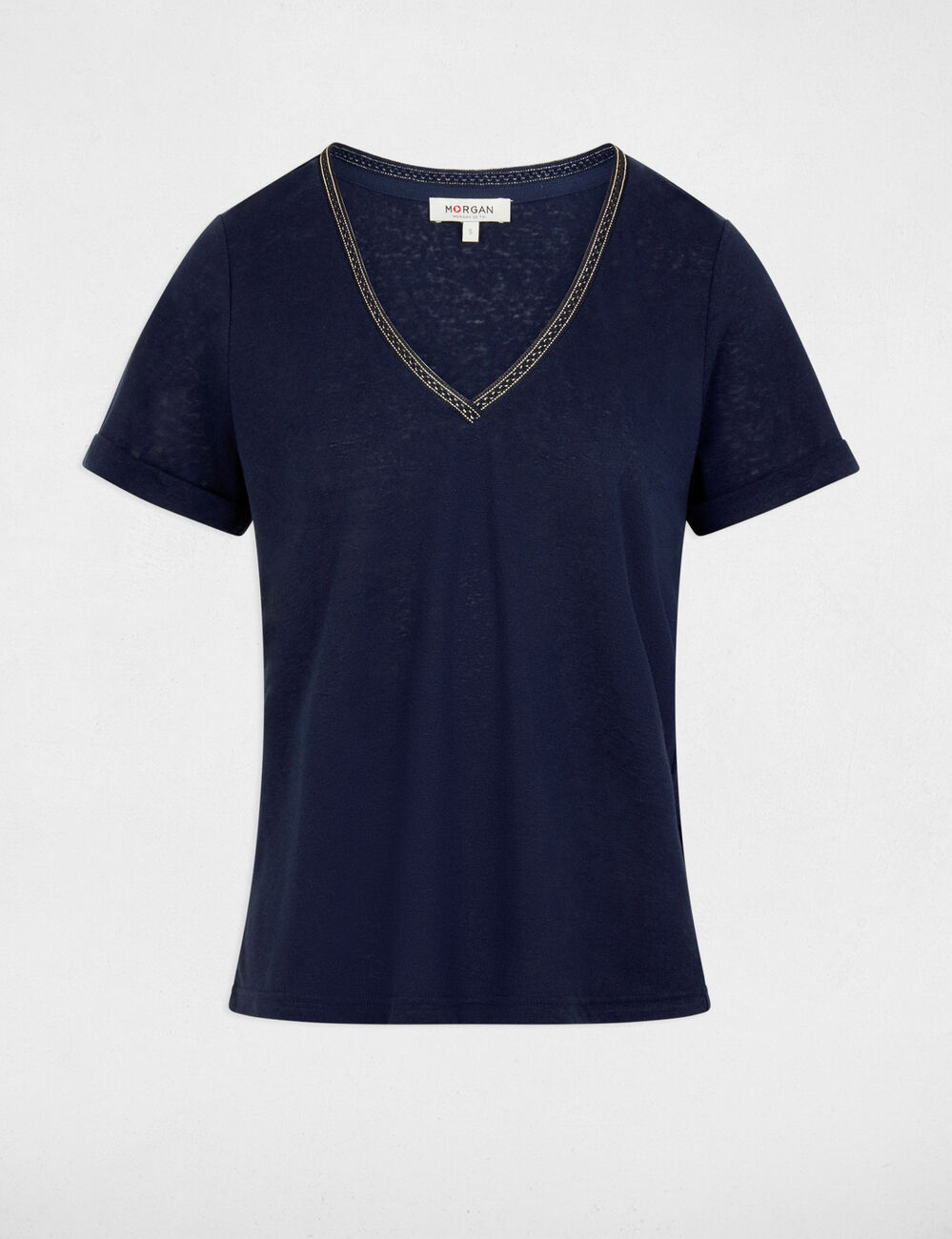 Pearl-embellished v-neck t-shirt navy blue women