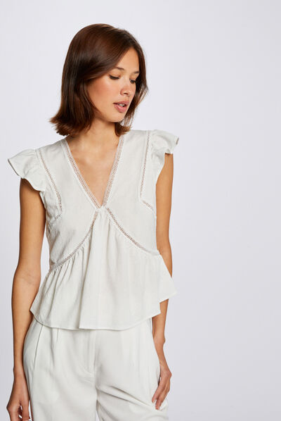 Short-sleeved t-shirt with ruffles ecru ladies'