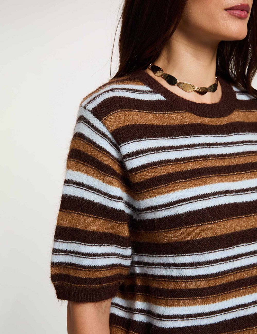 Striped short-sleeve sweater brown women