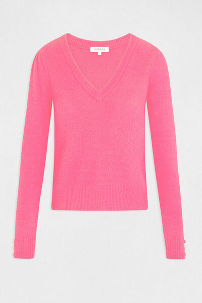 Long-sleeved jumper with V-neck fuchsia ladies'