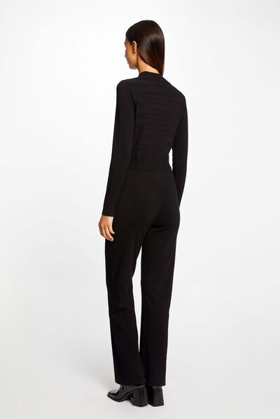 Straight zipped knitted jumpsuit black ladies'