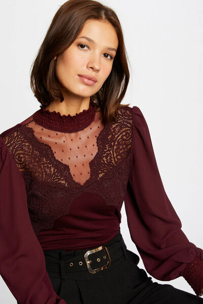 Long-sleeved t-shirt with lace plum ladies'