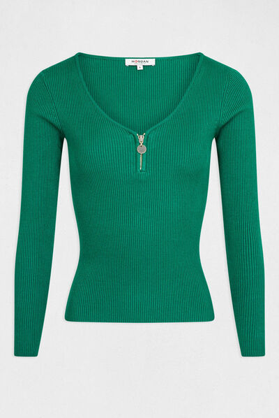 Long-sleeved ribbed jumper zipped detail green ladies'