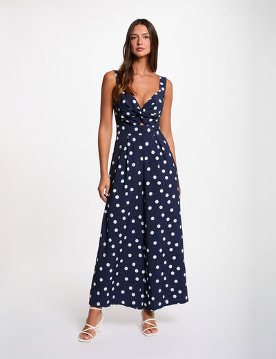 Flowy polka dot jumpsuit navy blue women