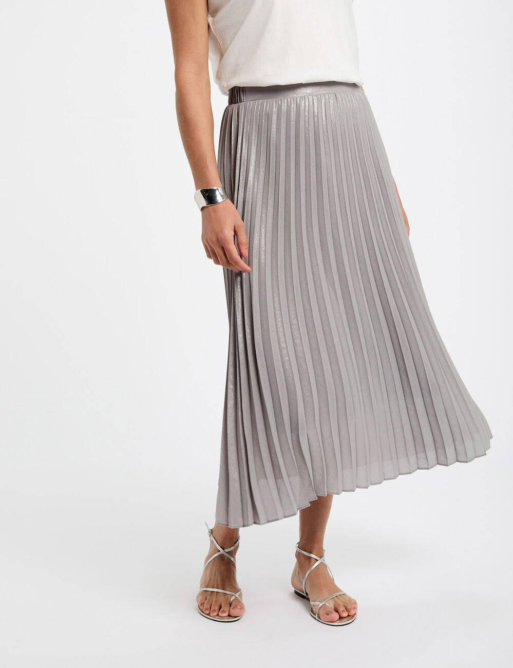 Maxi pleated skirt silver color women