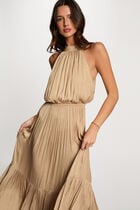 Robe longue évasée fluide beige femme