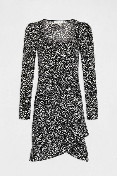 Draped fitted dress abstract print black ladies'