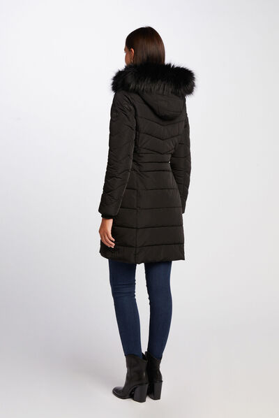 Long waisted padded jacket with hood black ladies'