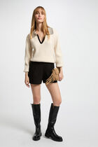 Pull col en V à revers ivoire femme