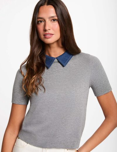 Sweater with a folded collar light grey women