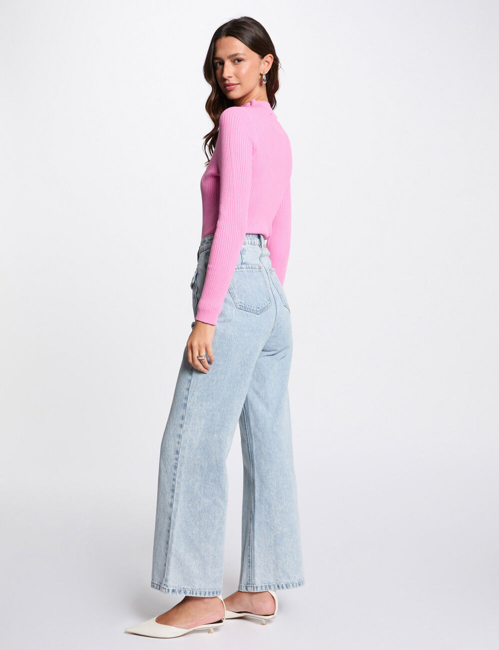 Ribbed jumper high collar pink women