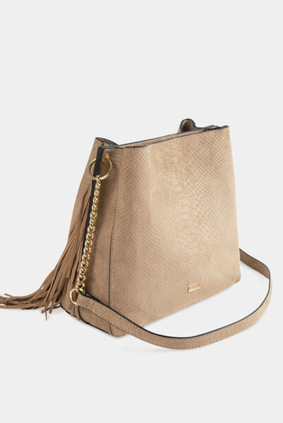 Bucket bag with fringes and snake effect beige ladies'