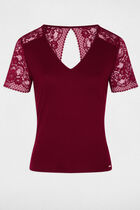 Lace V-neck t-shirt bordeaux women