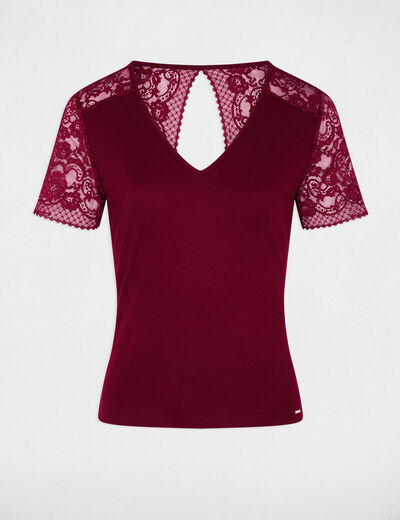 Lace V-neck t-shirt bordeaux women