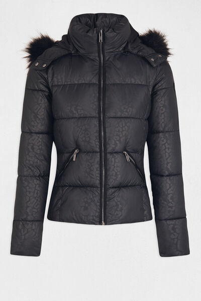 Straight padded jacket leopard print black ladies'