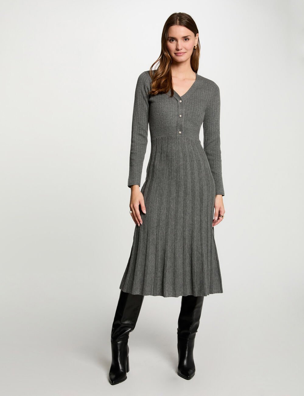 Fitted midi knitted dress anthracite grey women