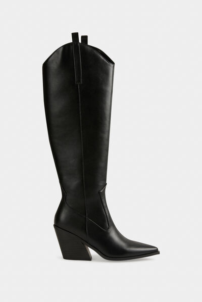 High boots with flared heels black ladies'