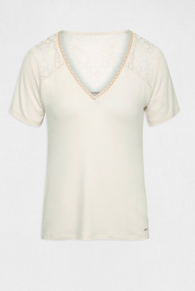 Short-sleeved t-shirt with lace ivory ladies'