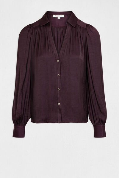 Long-sleeved satin shirt plum ladies'