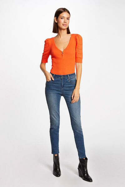 Slim cropped jeans with strips stone denim ladies'