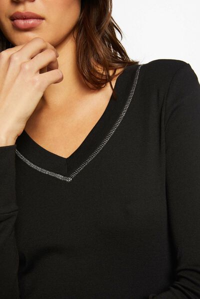 Long-sleeved t-shirt with V-neck black ladies'
