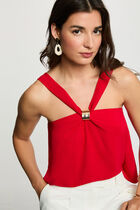 Pleated high neck top red women