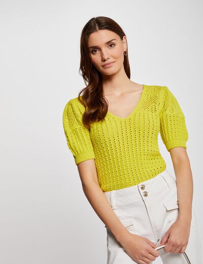 Short-sleeved openwork jumper medium yellow ladies'