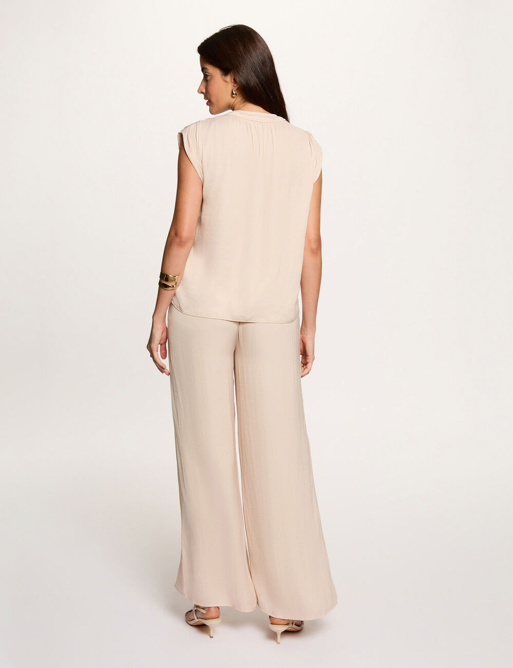 Satin short-sleeved blouse light beige women