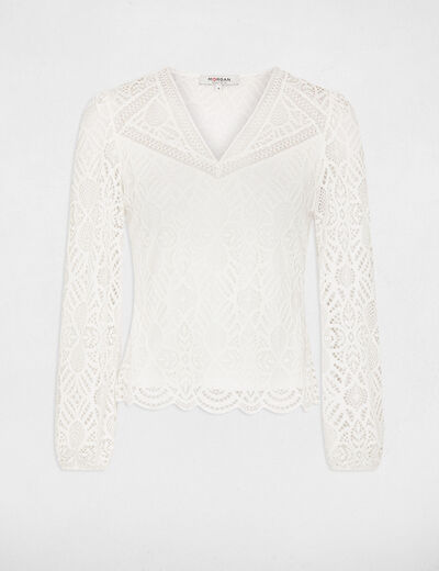 Lace t-shirt V-neck ivory women