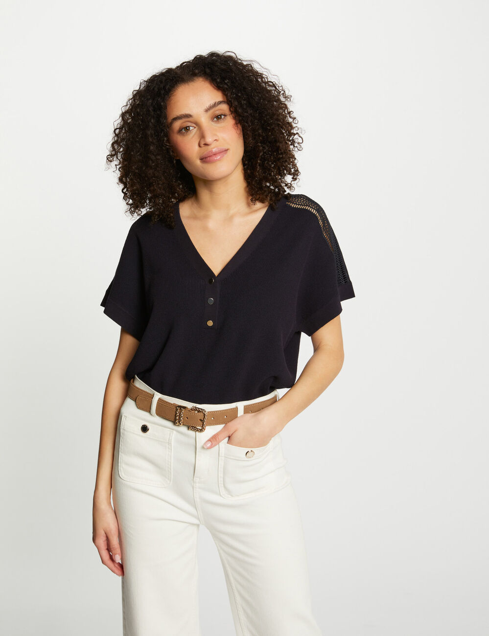 Jumper V-neck short sleeves navy women