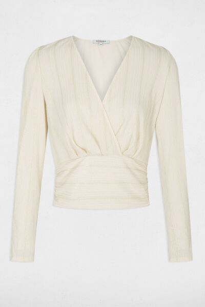 Long-sleeved blouse wrap-over neckline ecru ladies'