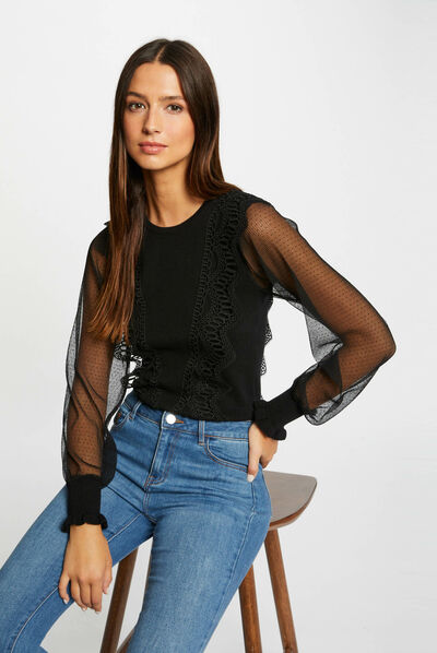 Long-sleeved jumper with dobby spot black ladies'