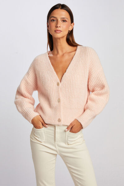 Straight buttoned cardigan with V-neck pink ladies'