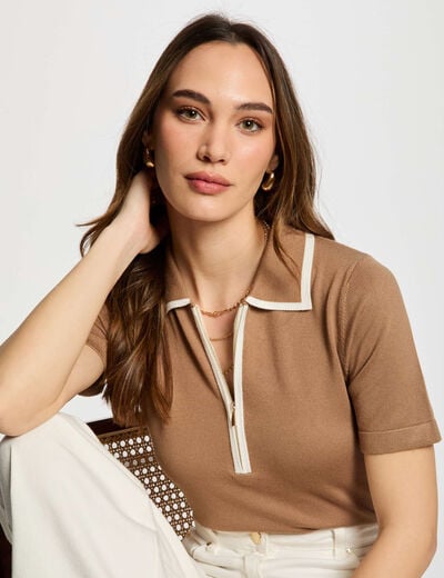 Jumper zipped polo collar sand women