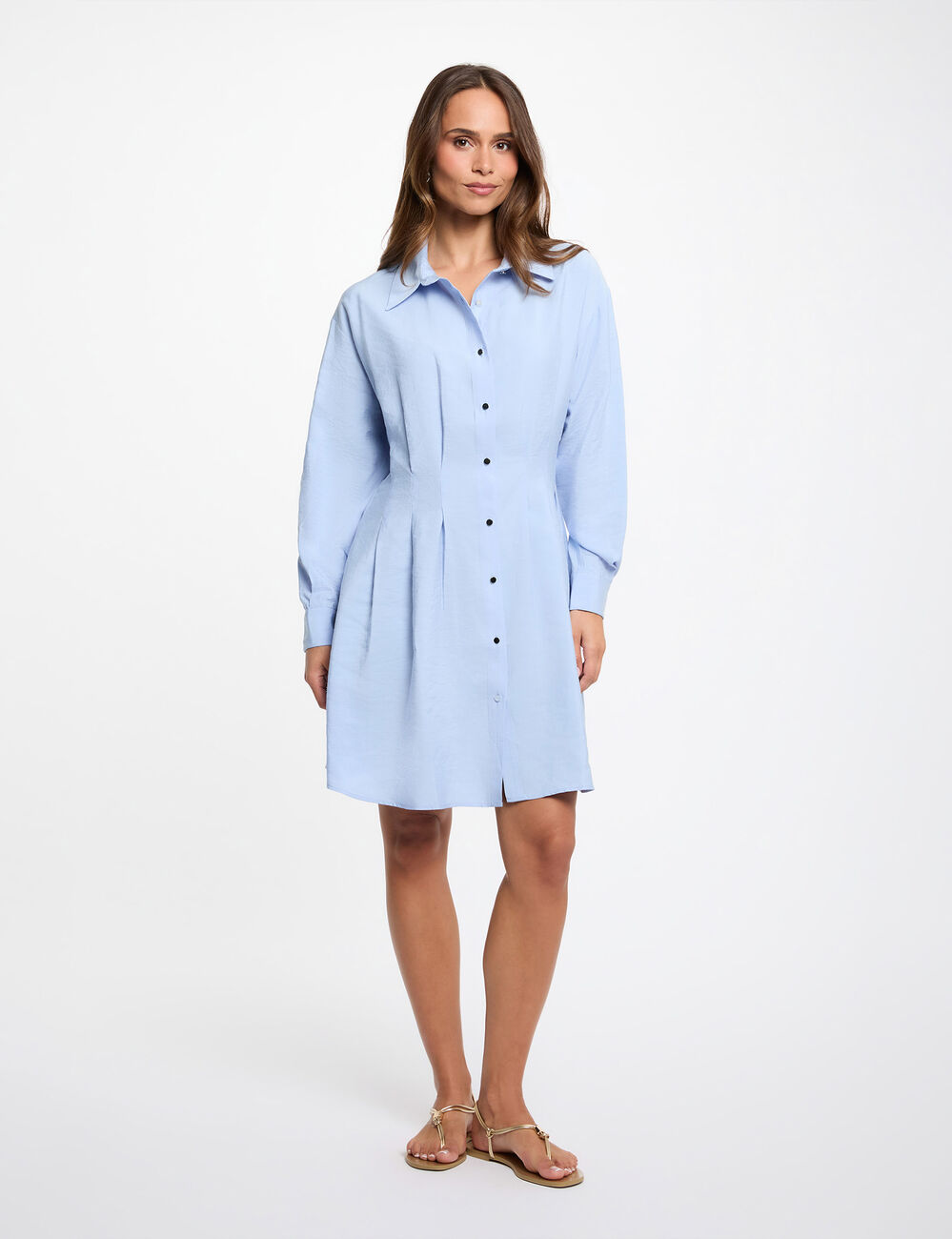Pleated waist shirt dress sky blue women