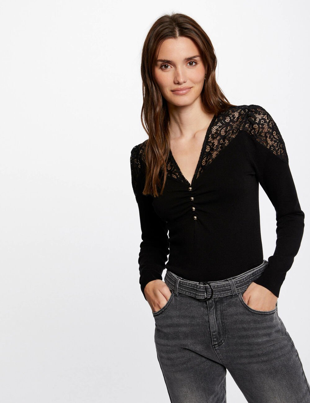 Long-sleeved jumper with lace black women